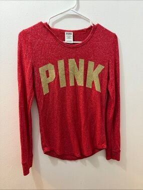 PINK Victoria's Secret Red Long-Sleeve Tee with Gold Logo